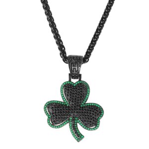 helloice three leaf clover necklace iced out 5a cz diamond clover pendant 18k gold plated with 3mm 24" chain for women men (black)