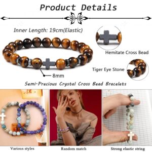 Jewdreamer 12Pcs 8MM Cross Beads Bracelet for Men Women Lava Rock Gemstone Bracelet Tiger Eye Stone Howlite Crystal Stretch Bracelet Set