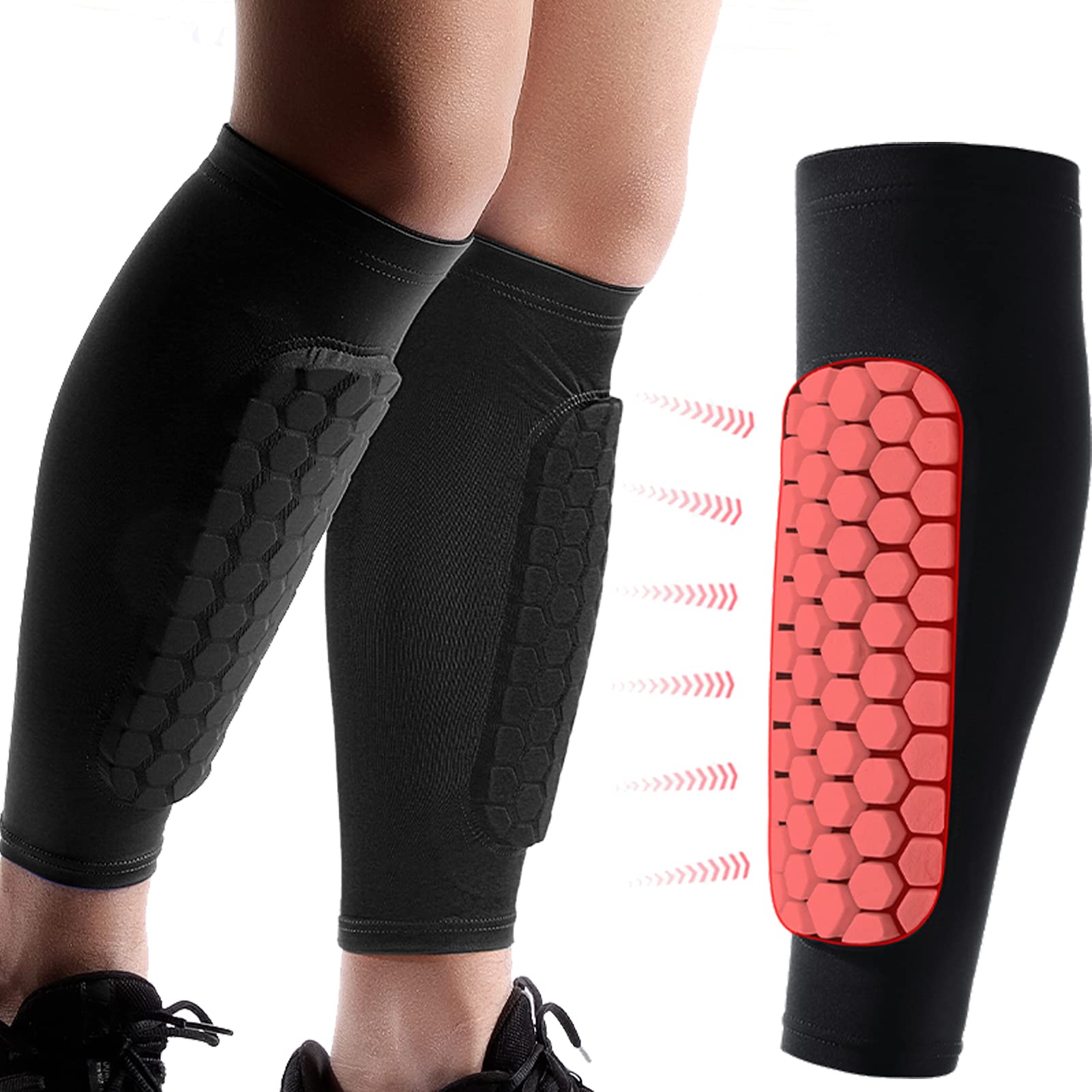 BOPEAN 2PCS Soccer Shin Guards Pads for Kids Youth Adult, Calf Sleeve Compression with Honeycomb Pads Support for Football Baseball Taekwondo Boxing MTB Protective Gear