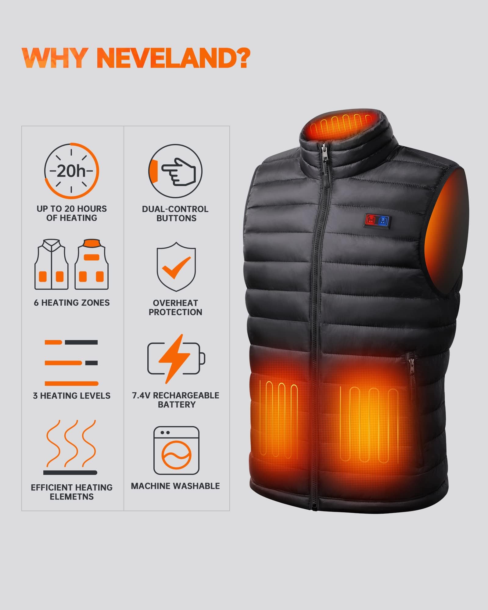 Neveland Men's Lightweight Heated Vest with Battery Pack (Large)