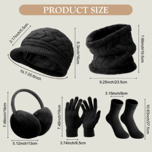 6 Pcs Winter Hat Gloves Scarf Earmuffs Socks Set Knit Beanie Hat Neck Touch Screen Mittens Fleece for Women(Black)