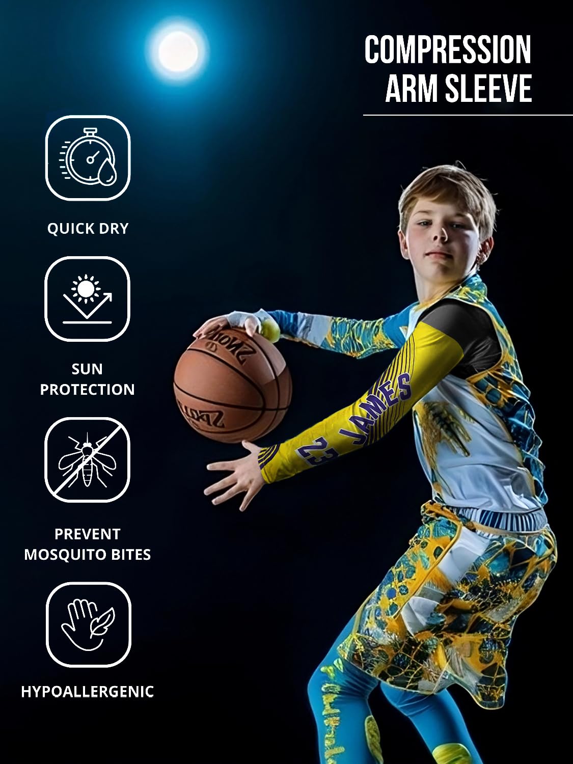 Forever Fanatics James#23 Basketball Compression Arm Sleeve Set for James Fans (James #23 Yellow, 6-13 yrs)