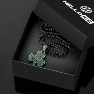 HELLOICE Three Leaf Clover Necklace Iced Out 5A CZ Diamond Clover Pendant 18k Gold Plated with 3mm 24" Chain for Women Men (Black)