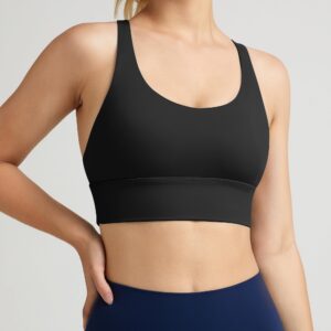 QUEENIEKE Strappy Longline Sports Bras for Women - Wirefree Spaghetti Criss Cross Workout Gym Yoga Free to Be Bra (Black, Medium)