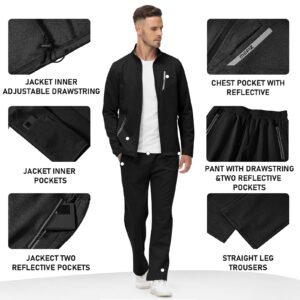 MoFiz Men's Tracksuits Full Zip Track Suits For men Solid Jogger Sets Windbreakers Jacket Track Pants 2 Piece Sets With 5 Pockets Classic Black L