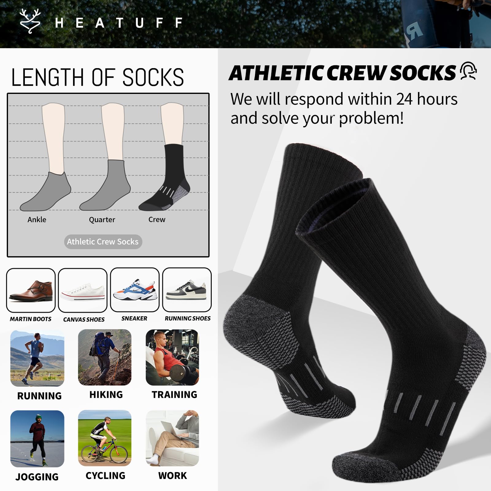 Heatuff Men’s Crew Athletic Socks Cushioned Moisture Wicking Work Boot Socks for All Seasons (6 Pairs)