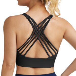 QUEENIEKE Strappy Longline Sports Bras for Women - Wirefree Spaghetti Criss Cross Workout Gym Yoga Free to Be Bra (Black, Medium)