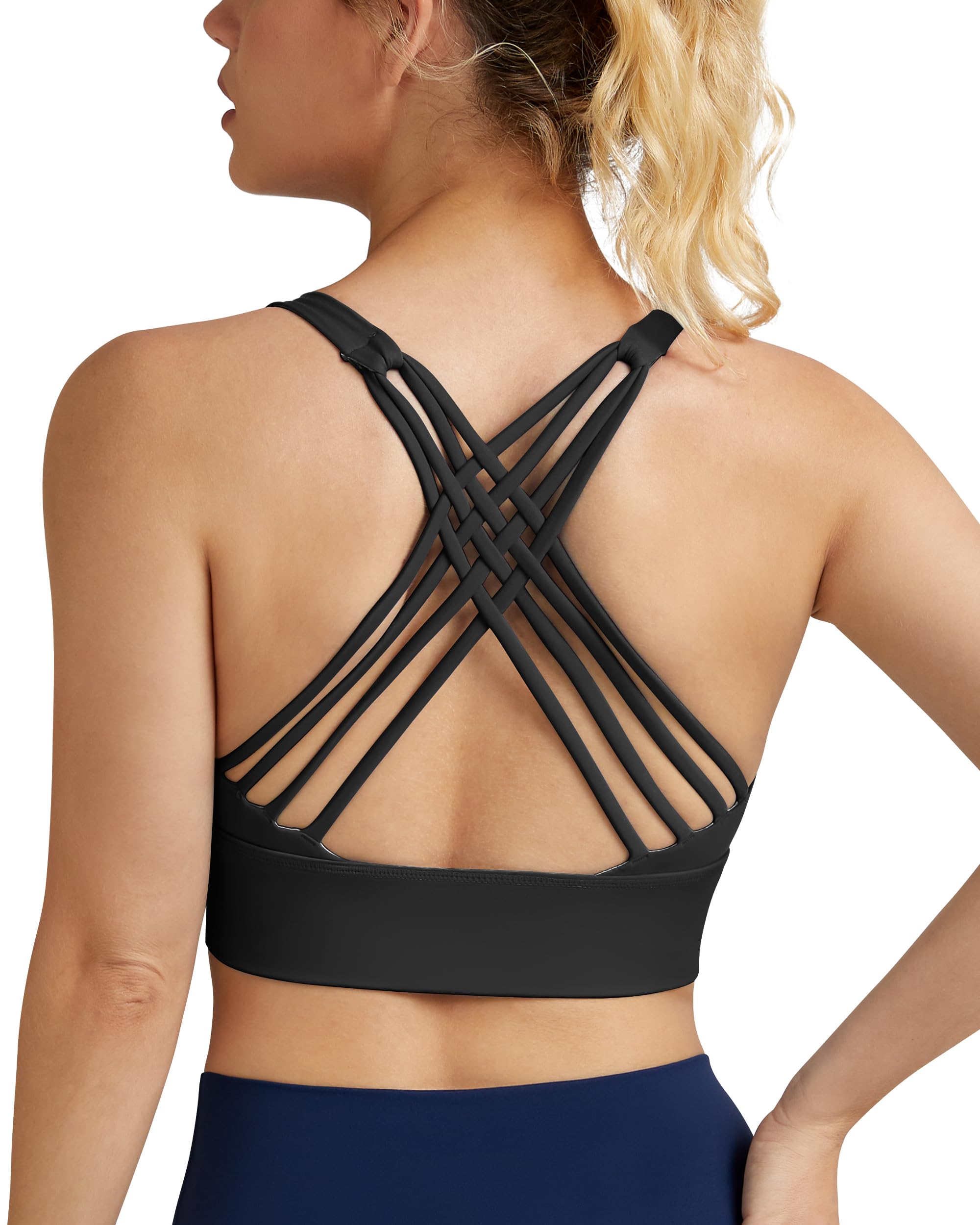 QUEENIEKE Strappy Longline Sports Bras for Women - Wirefree Spaghetti Criss Cross Workout Gym Yoga Free to Be Bra (Black, Medium)