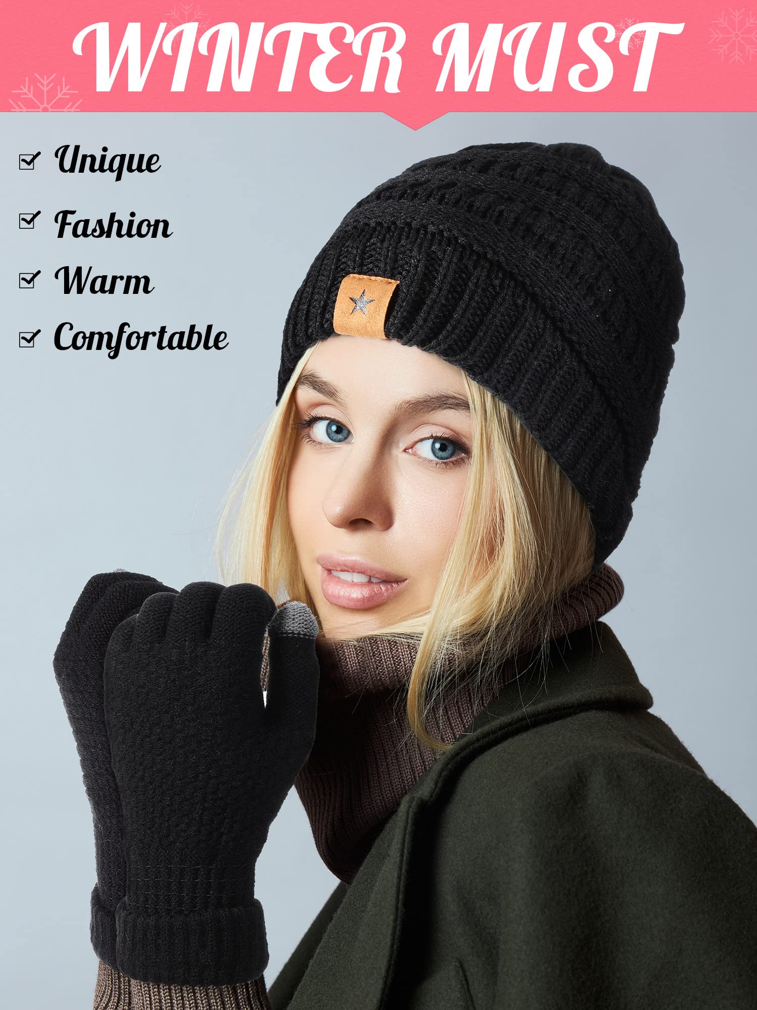 JaGely 8 Pieces Winter Hats and Gloves Set Women Warm Gloves Touchscreen Knitted Lined Gloves Winter Beanies for Women (Black, Gray, Pink, Beige)