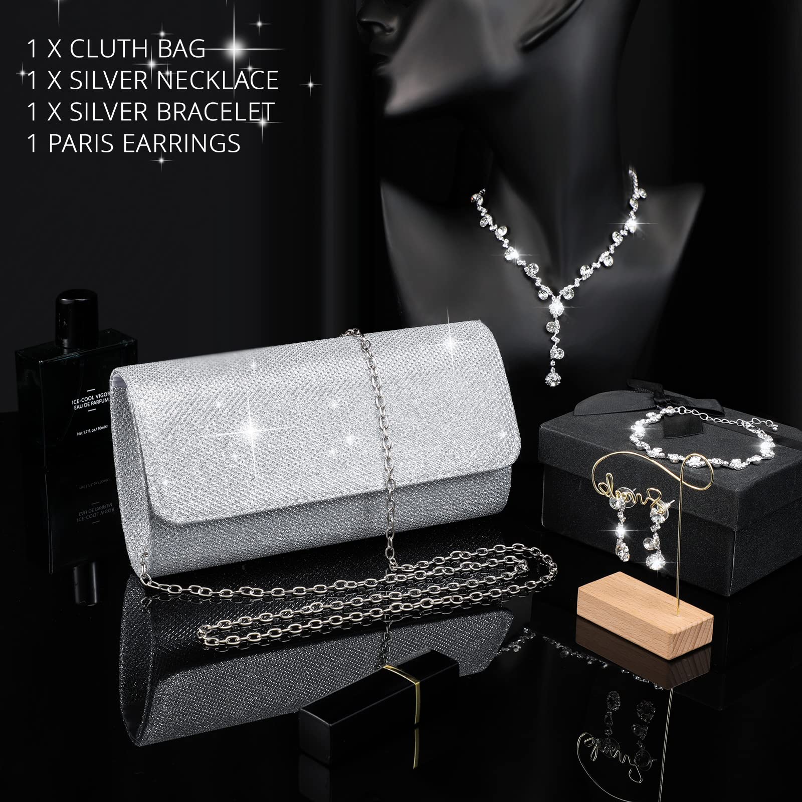 Meanplan 4 Pcs Silver Clutch Purse Jewelry Set for Women Evening Rhinestone Purse Silver Accessories for Women Bride Wedding Jewelry (Elegant Style)