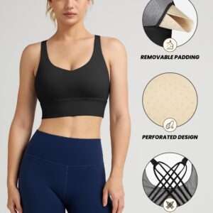 QUEENIEKE Strappy Longline Sports Bras for Women - Wirefree Spaghetti Criss Cross Workout Gym Yoga Free to Be Bra (Black, Medium)