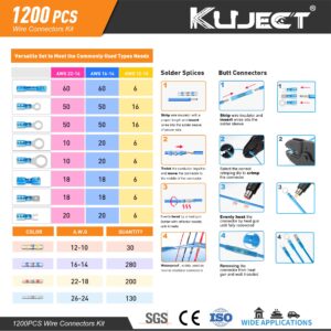 Kuject 1200PCS Heat Shrink Wire Connectors, Multipurpose Waterproof Electrical Wire Terminals kit, Insulated Crimp Ring Fork Spade Terminal Solder Butt Splice Connectors for Marine Boat Truck