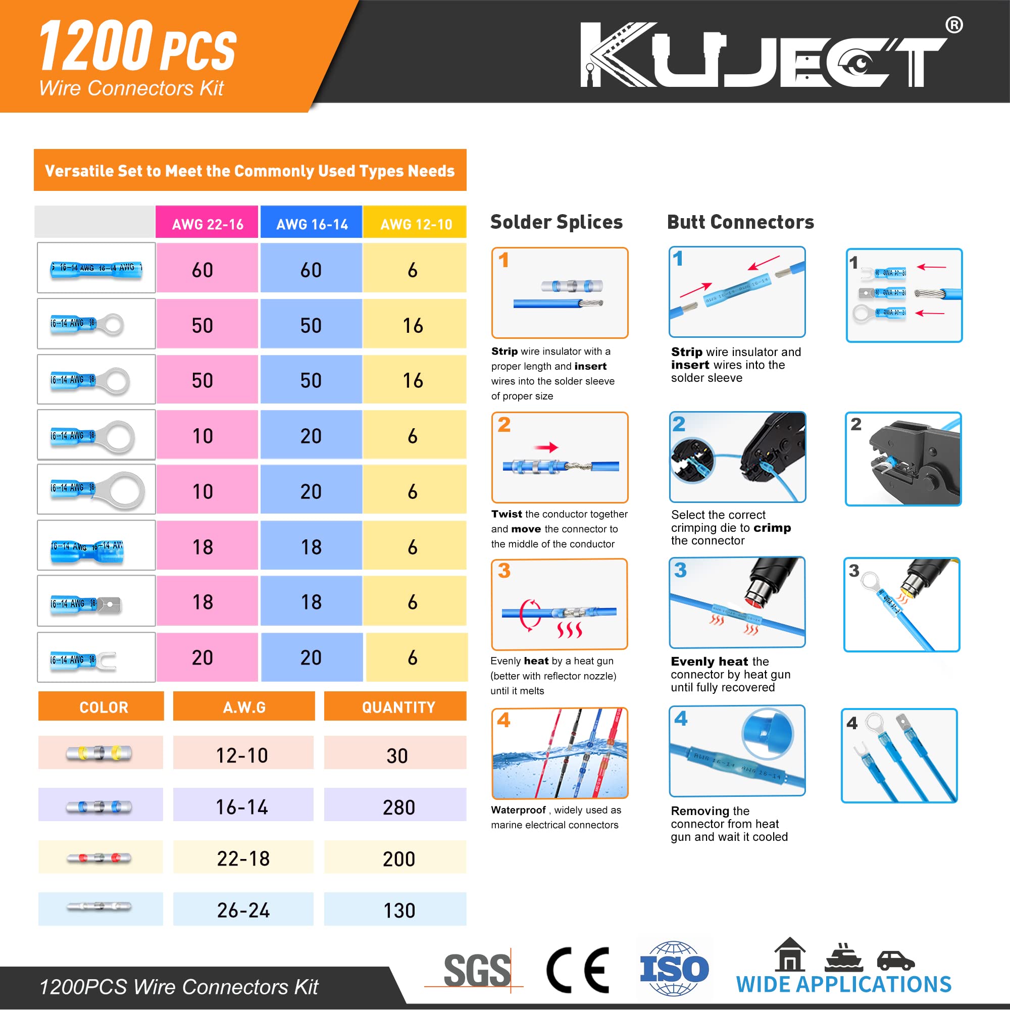 Kuject 1200PCS Heat Shrink Wire Connectors, Multipurpose Waterproof Electrical Wire Terminals kit, Insulated Crimp Ring Fork Spade Terminal Solder Butt Splice Connectors for Marine Boat Truck