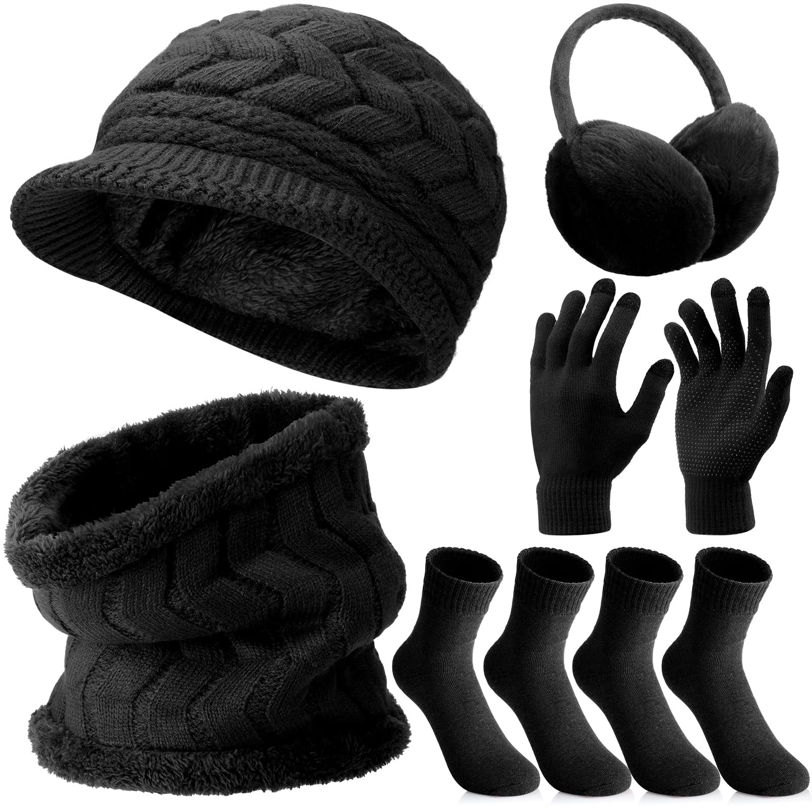 6 Pcs Winter Hat Gloves Scarf Earmuffs Socks Set Knit Beanie Hat Neck Touch Screen Mittens Fleece for Women(Black)