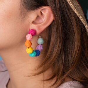 Raffia Hoop Earrings Boho Bead Earrings Cute Rattan Earrings for Women Summer Jewelry(Colorful)