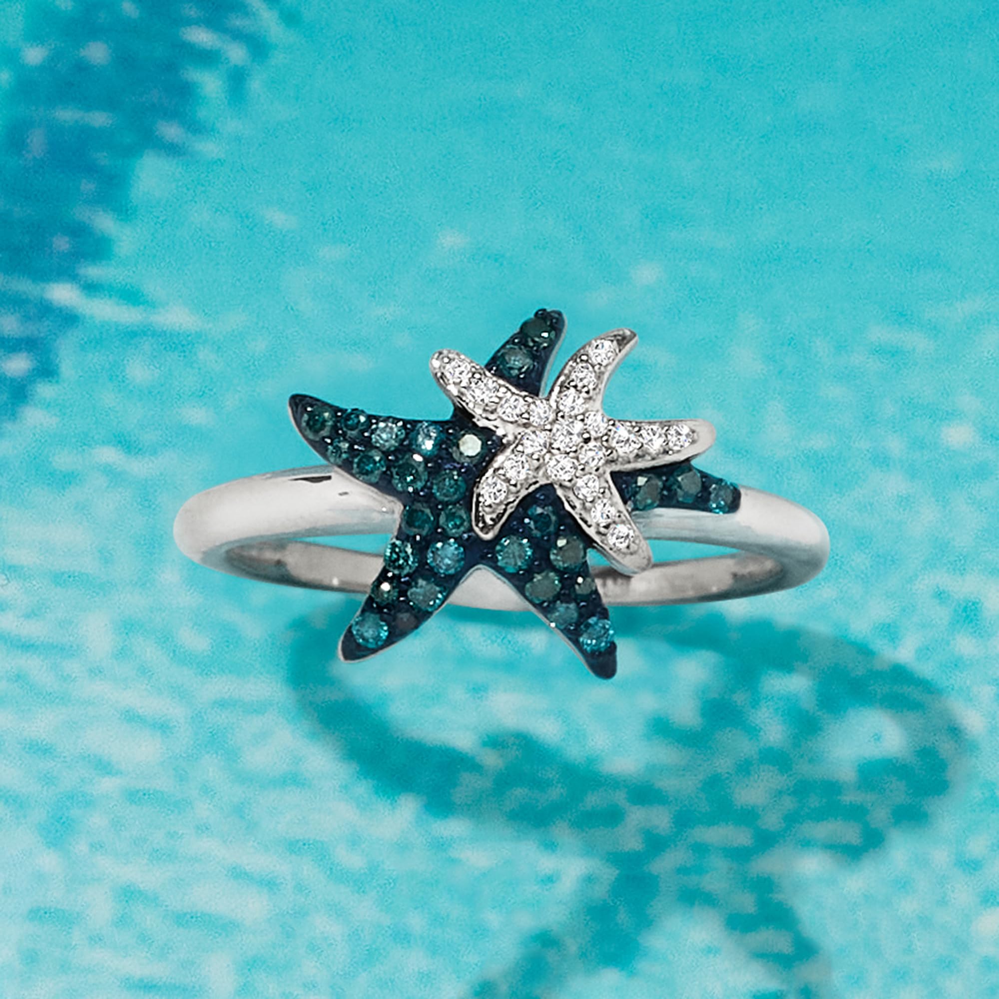 Ross-Simons 0.25 ct. t.w. Blue and White Diamond Starfish Ring in Sterling Silver. Size 8