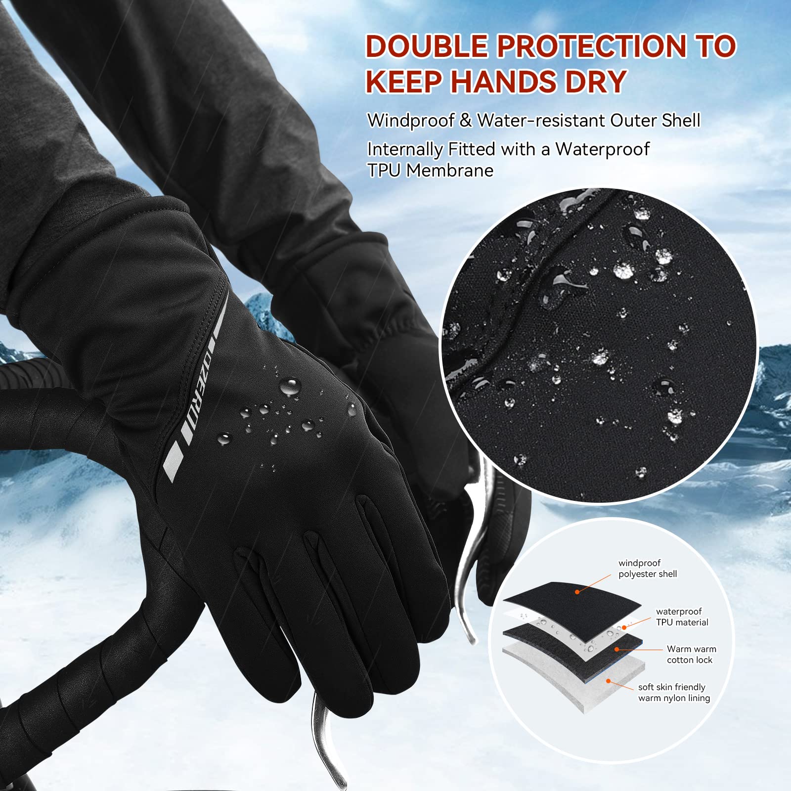 OZERO Winter Gloves Men Women - Coldproof Waterproof Touchscreen Glove - Keep Warm in Cold Weather for Driving Cyling Black Medium