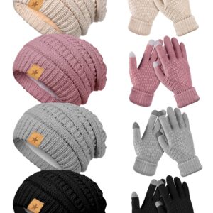 JaGely 8 Pieces Winter Hats and Gloves Set Women Warm Gloves Touchscreen Knitted Lined Gloves Winter Beanies for Women (Black, Gray, Pink, Beige)