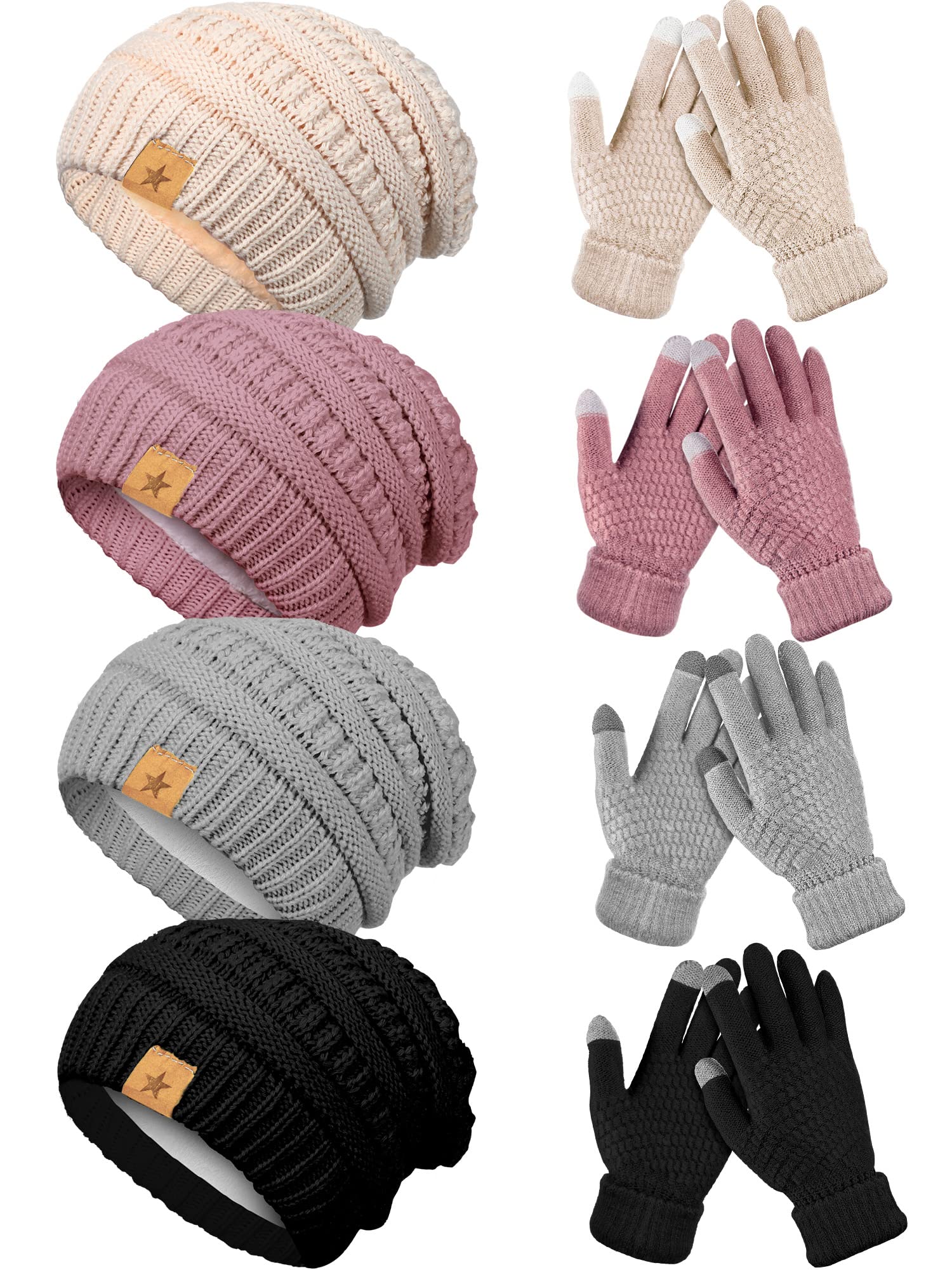 JaGely 8 Pieces Winter Hats and Gloves Set Women Warm Gloves Touchscreen Knitted Lined Gloves Winter Beanies for Women (Black, Gray, Pink, Beige)