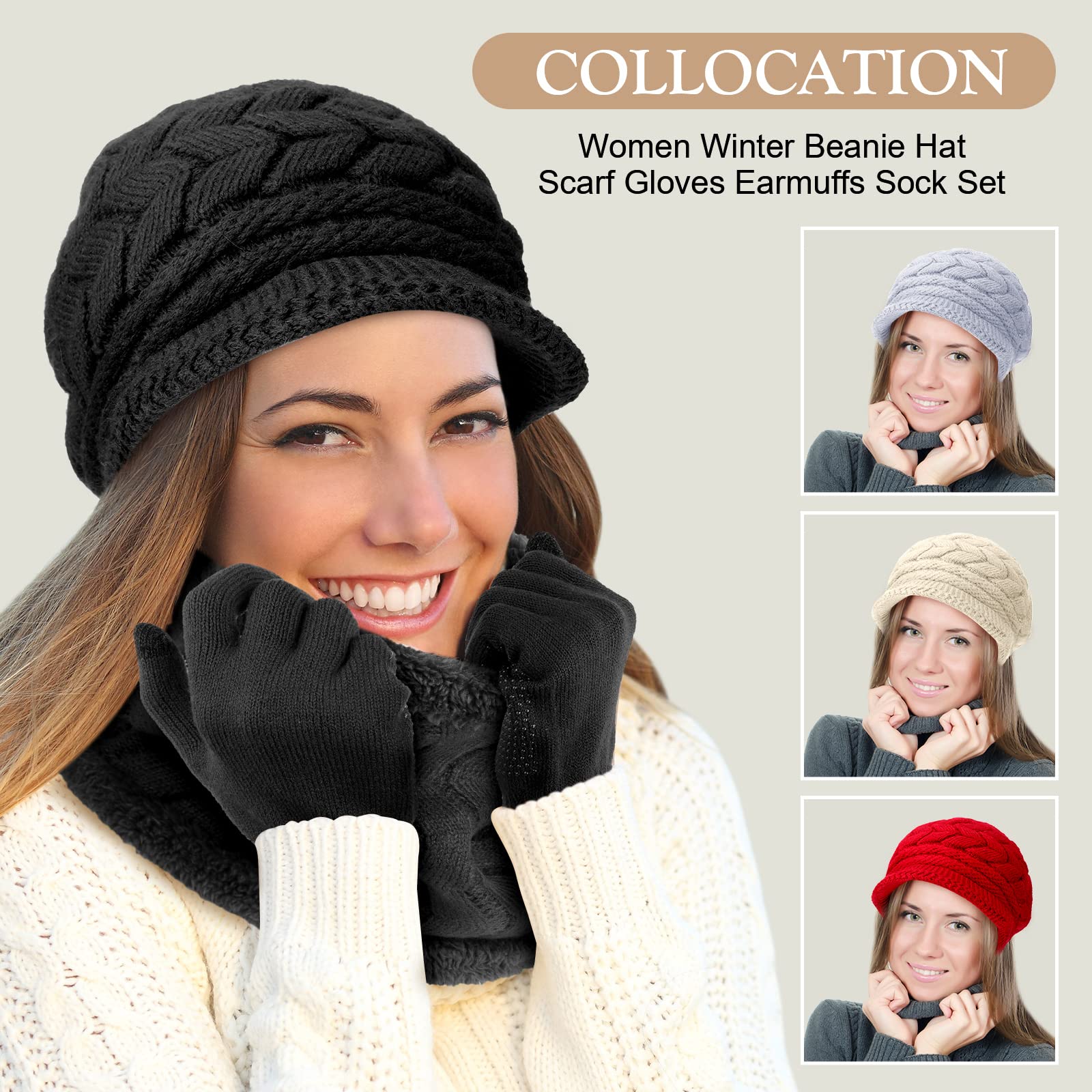 6 Pcs Winter Hat Gloves Scarf Earmuffs Socks Set Knit Beanie Hat Neck Touch Screen Mittens Fleece for Women(Black)