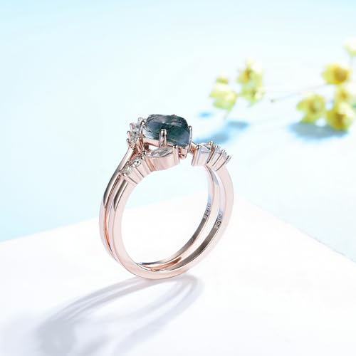 Natural Moss Agate Gemstone Genuine 925 Sterling Silver Ring for Women Kite Cut Women's Ring Set for Engagement Silver 925 Jewelry (Rose Gold Plated Silver, 6)