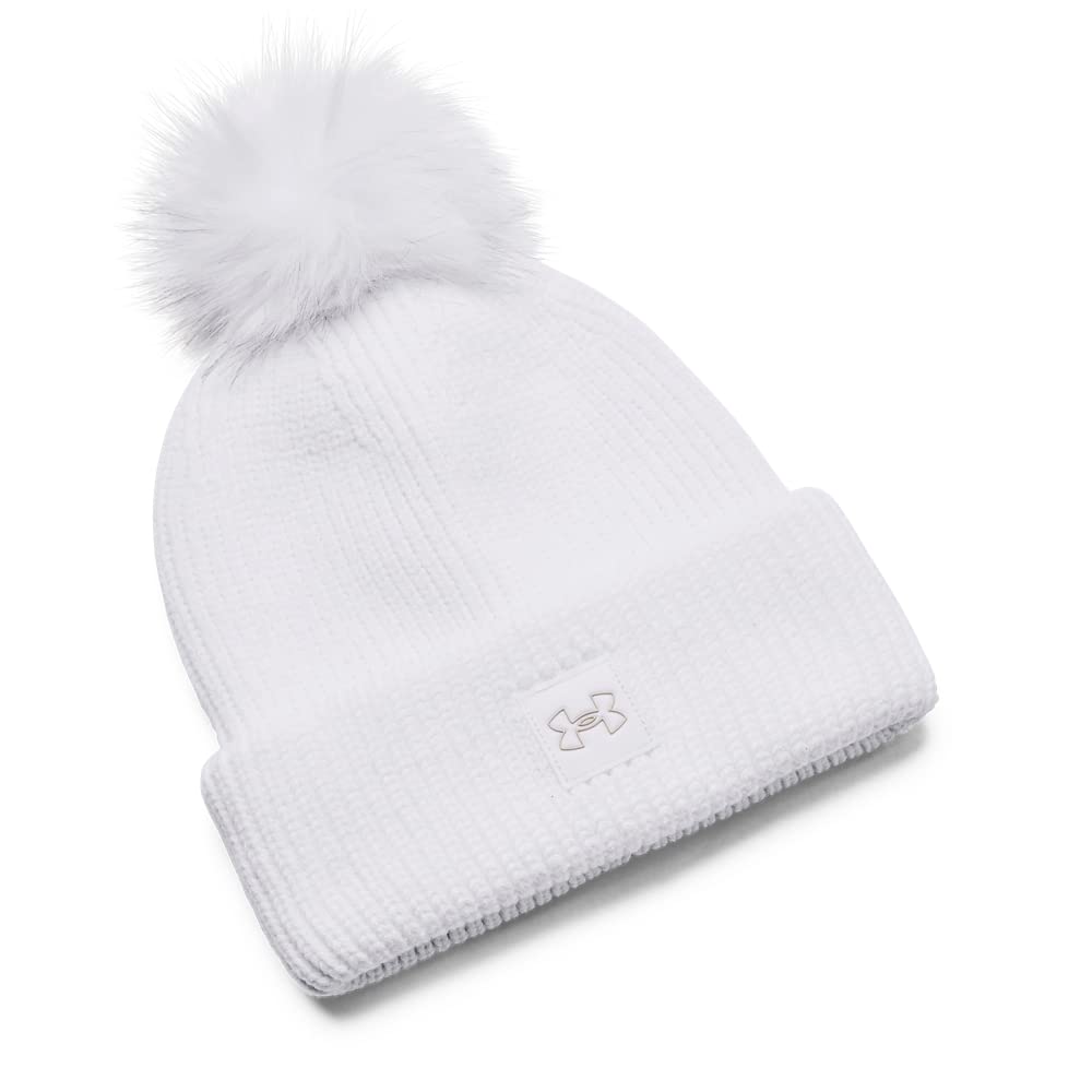 Under Armour Womens Halftime Ribbed Pom Beanie, (100) White/White/Ghost Gray, One Size Fits Most