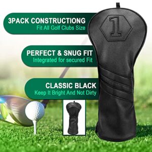 Premium Golf Club Covers, 3 Pack Golf Club Head Covers for Driver, Fairway Woods and Hybrid, Golf Head Covers Fit Most Golf Clubs PU Leather Classic Black