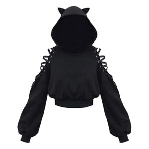 women teen girls crop hoodie long sleeve cold shoulder cute cat ear pullovers hooded sweatshirt top y2k e-girls (a2-cat ears, m)