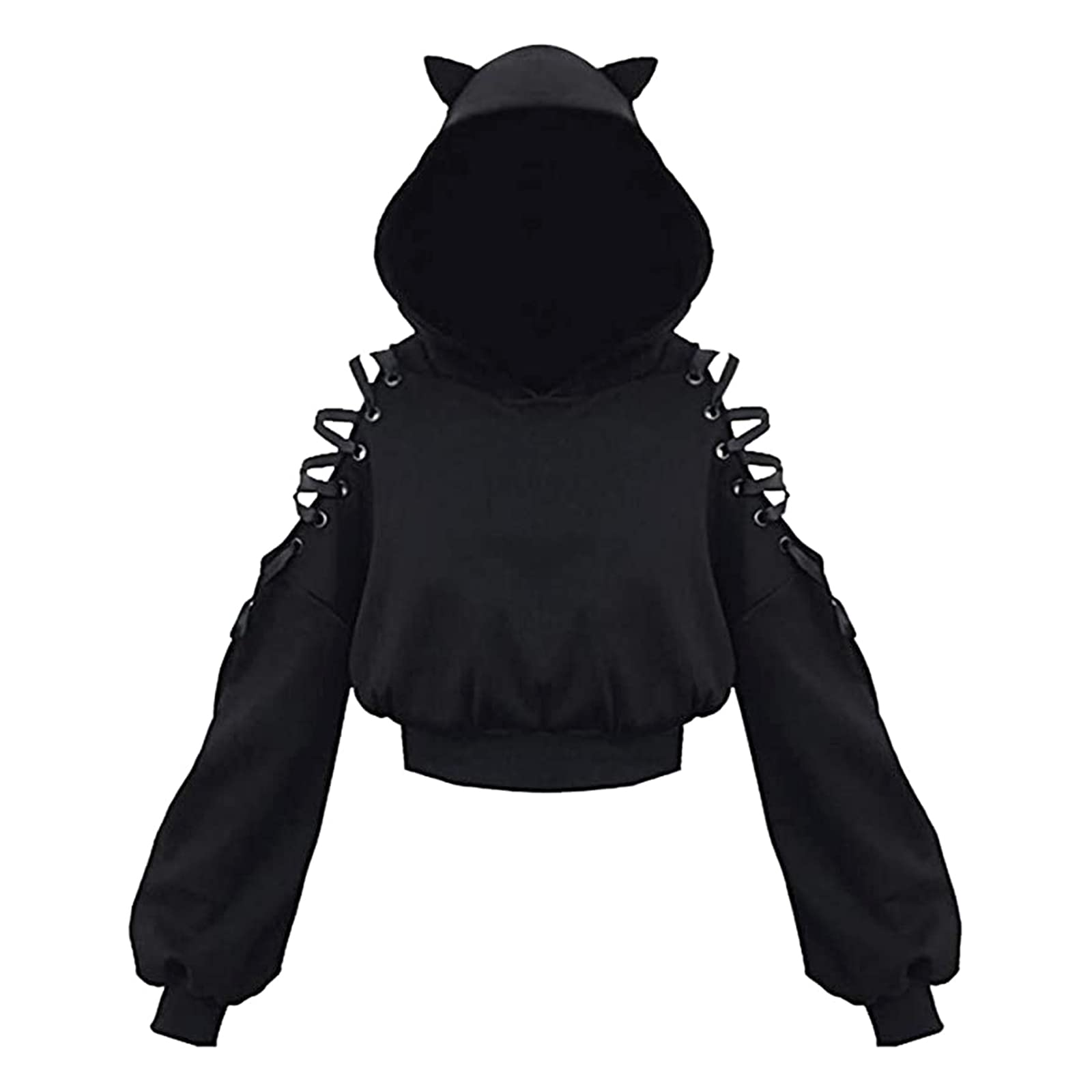 Women Teen Girls Crop Hoodie Long Sleeve Cold Shoulder Cute Cat Ear Pullovers Hooded Sweatshirt Top Y2K E-Girls (A2-Cat Ears, M)