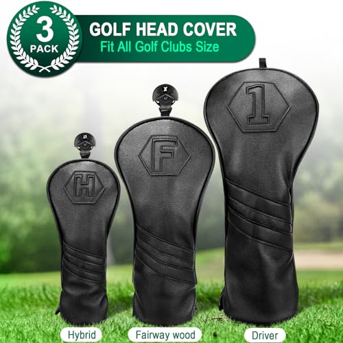 Premium Golf Club Covers, 3 Pack Golf Club Head Covers for Driver, Fairway Woods and Hybrid, Golf Head Covers Fit Most Golf Clubs PU Leather Classic Black