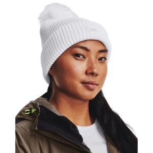 Under Armour Womens Halftime Ribbed Pom Beanie, (100) White/White/Ghost Gray, One Size Fits Most