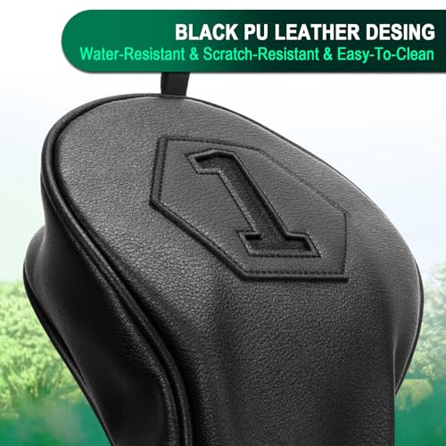 Premium Golf Club Covers, 3 Pack Golf Club Head Covers for Driver, Fairway Woods and Hybrid, Golf Head Covers Fit Most Golf Clubs PU Leather Classic Black