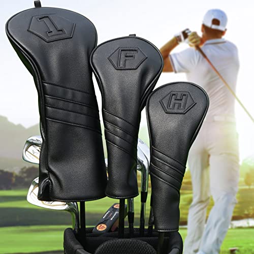 Premium Golf Club Covers, 3 Pack Golf Club Head Covers for Driver, Fairway Woods and Hybrid, Golf Head Covers Fit Most Golf Clubs PU Leather Classic Black