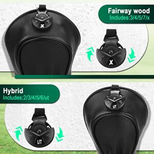 Premium Golf Club Covers, 3 Pack Golf Club Head Covers for Driver, Fairway Woods and Hybrid, Golf Head Covers Fit Most Golf Clubs PU Leather Classic Black