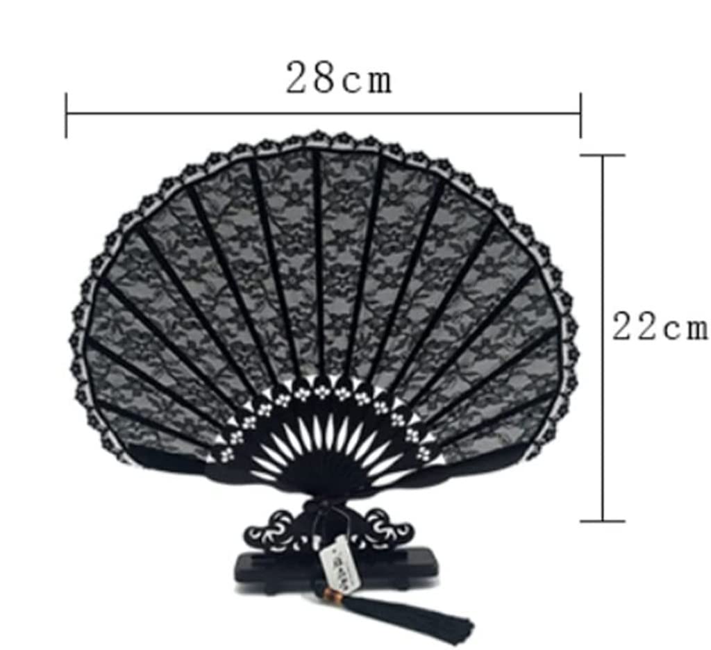 Folding Hand Fan Folding Fan Handheld Folded Fan Black Embroidery Shell-Shaped Lace Cheongsam Folding Fan Dance Ancient Style Small Round Fan Foldable Fan Hand Held Fans (Color : B, Size : 22cm)