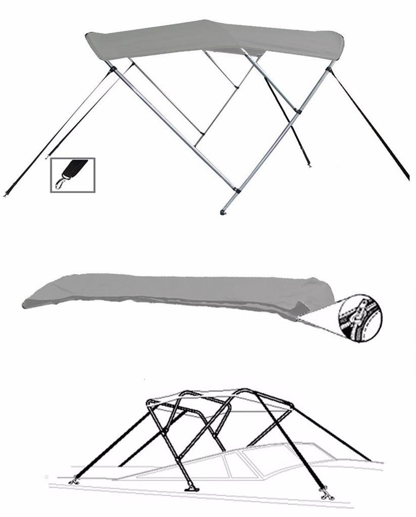 STOPBYUS 7.6 oz Gray 3 Bow Round Tube Boat Bimini TOP Sunshade Compatible for ROBALO 2320 CC W/Bow Pulpit O/B 1991-1997