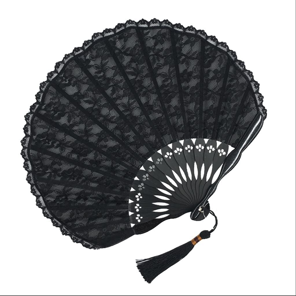 Folding Hand Fan Folding Fan Handheld Folded Fan Black Embroidery Shell-Shaped Lace Cheongsam Folding Fan Dance Ancient Style Small Round Fan Foldable Fan Hand Held Fans (Color : B, Size : 22cm)