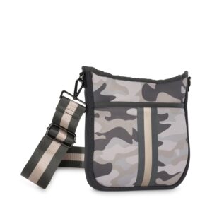 Haute Shore - Jeri Safari Crossbody Tote, Green Camo W/Black & Gold Stripe