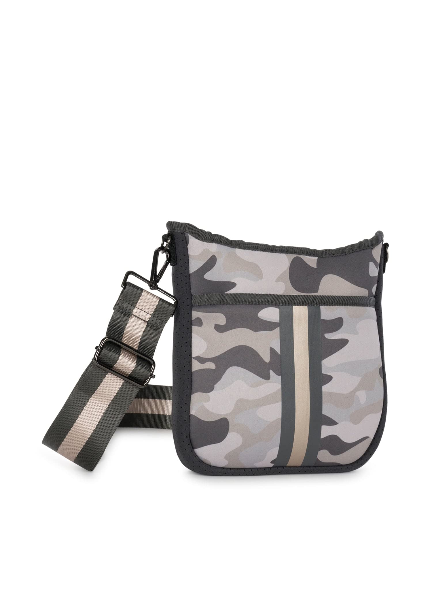 Haute Shore - Jeri Safari Crossbody Tote, Green Camo W/Black & Gold Stripe