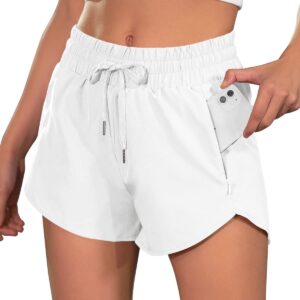 BMJL Women's Running Shorts High Waisted Athletic Shorts Summer Gym Workout Short with Zipper Pockets(S,White)