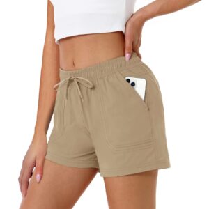 MAGCOMSEN Workout Shorts Womens with Pockets Dry Fit Golf Shorts 5 Inch Summer Hiking Shorts Breathable Comfy Yoga Shorts Lightweight Active Shorts Khaki XXL