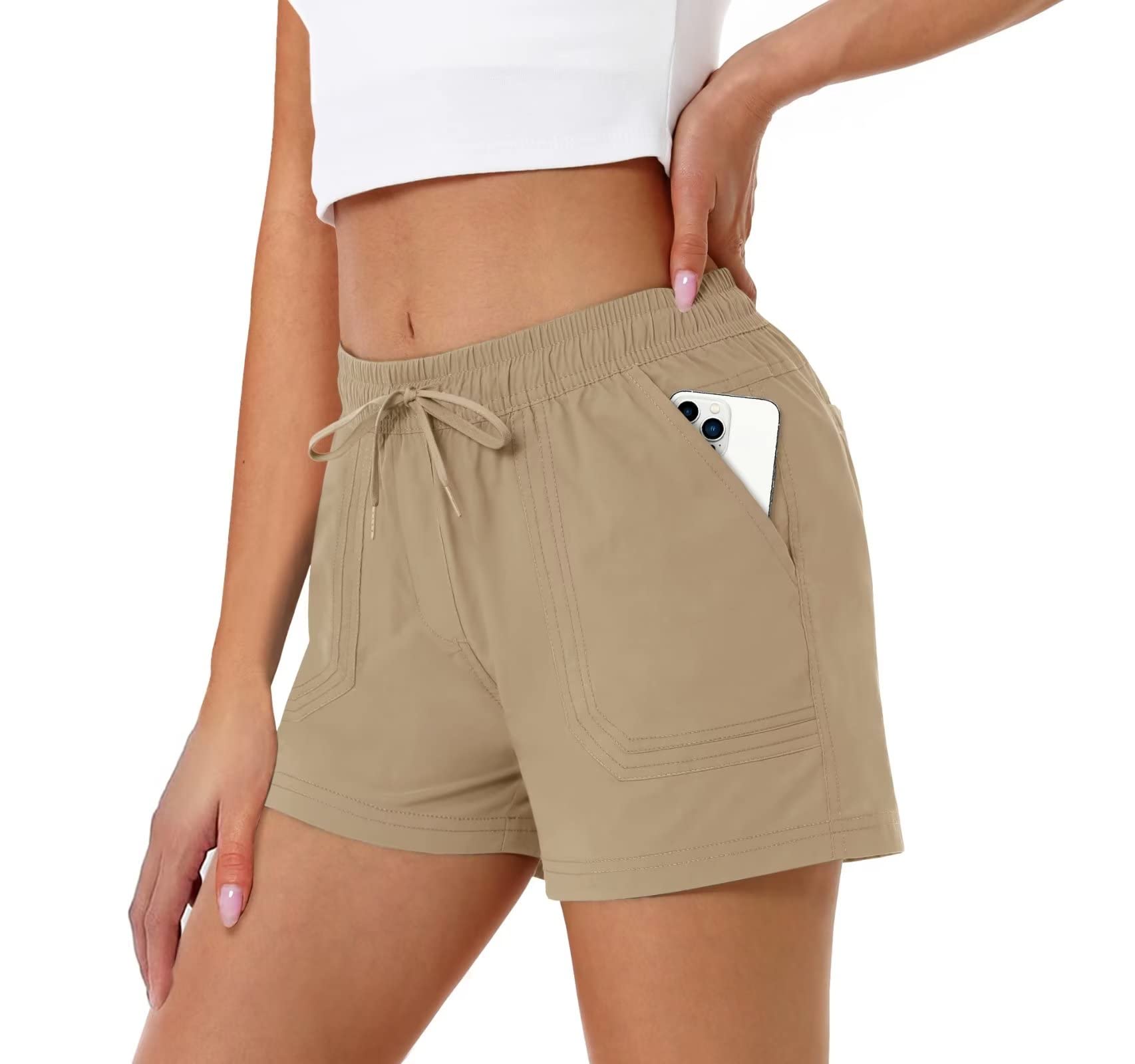 MAGCOMSEN Workout Shorts Womens with Pockets Dry Fit Golf Shorts 5 Inch Summer Hiking Shorts Breathable Comfy Yoga Shorts Lightweight Active Shorts Khaki XXL