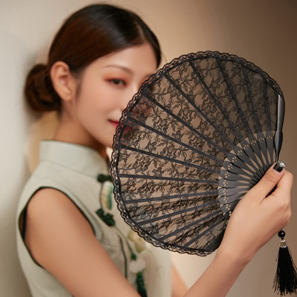 Folding Hand Fan Folding Fan Handheld Folded Fan Black Embroidery Shell-Shaped Lace Cheongsam Folding Fan Dance Ancient Style Small Round Fan Foldable Fan Hand Held Fans (Color : B, Size : 22cm)