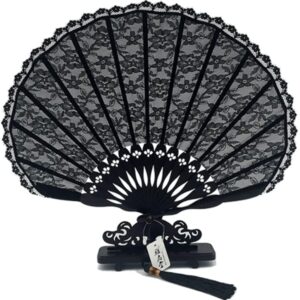 Folding Hand Fan Folding Fan Handheld Folded Fan Black Embroidery Shell-Shaped Lace Cheongsam Folding Fan Dance Ancient Style Small Round Fan Foldable Fan Hand Held Fans (Color : B, Size : 22cm)