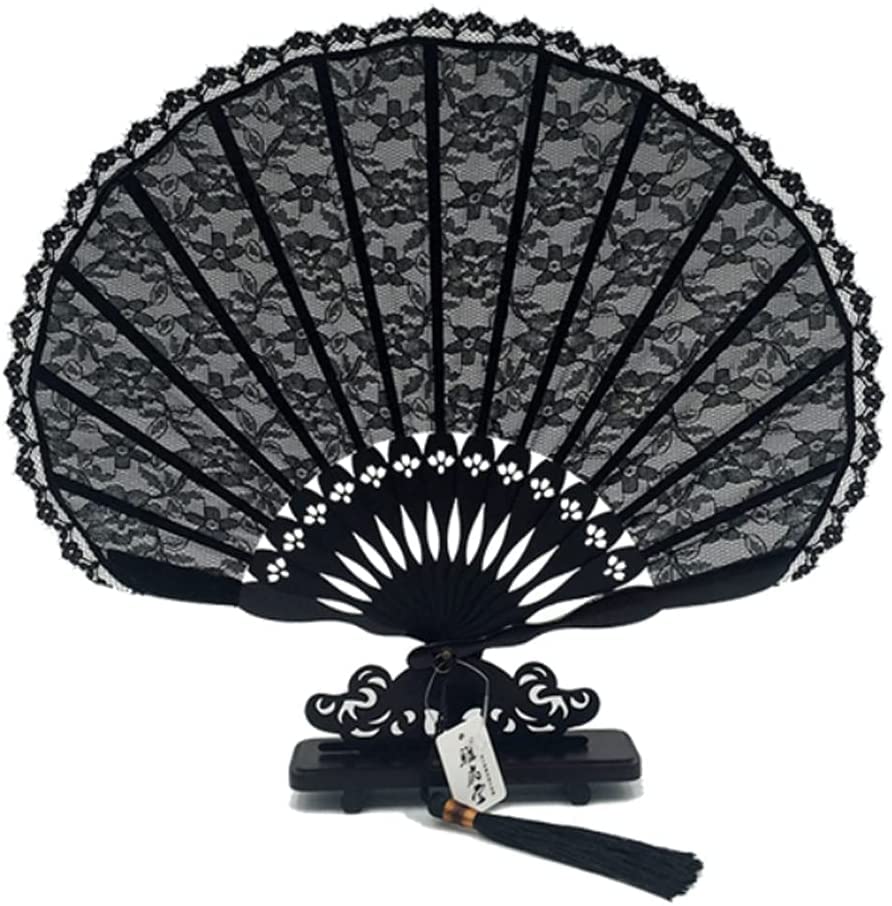 Folding Hand Fan Folding Fan Handheld Folded Fan Black Embroidery Shell-Shaped Lace Cheongsam Folding Fan Dance Ancient Style Small Round Fan Foldable Fan Hand Held Fans (Color : B, Size : 22cm)