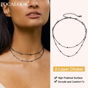 FOCALOOK Choker Necklace for Women Beaded Chain Double Layered Necklace Black Metal Boho Necklaces for Women