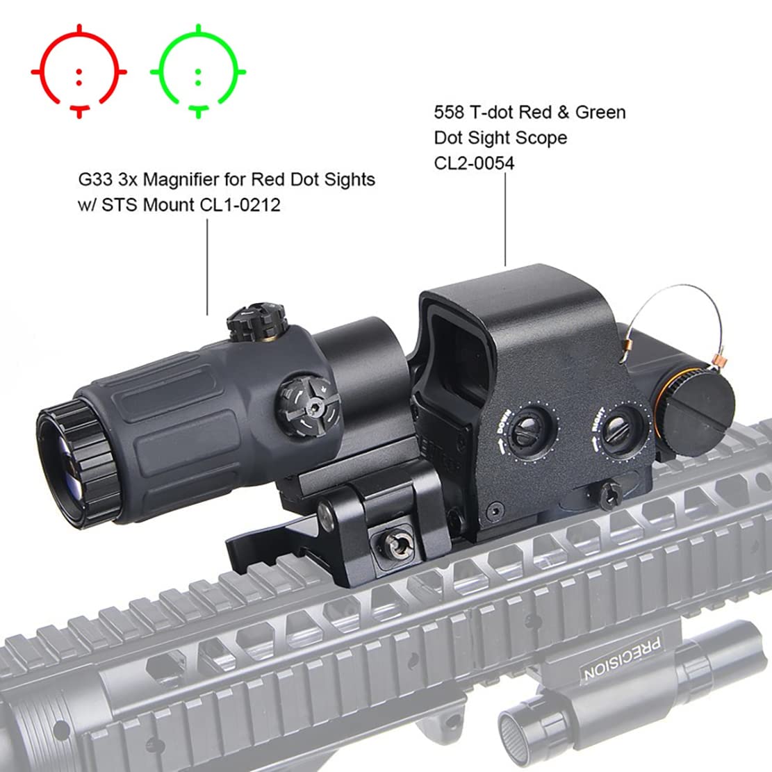 558+3X Sight, Optical Holographic Hybrid Sight with 3X Magnifier, 558 Green/Red Dot Reflex Sight Scope + G33 3X Magnifying Glass Combo, Quick Release Rollover Multiplier, for 20mm Rail Mount (Black)