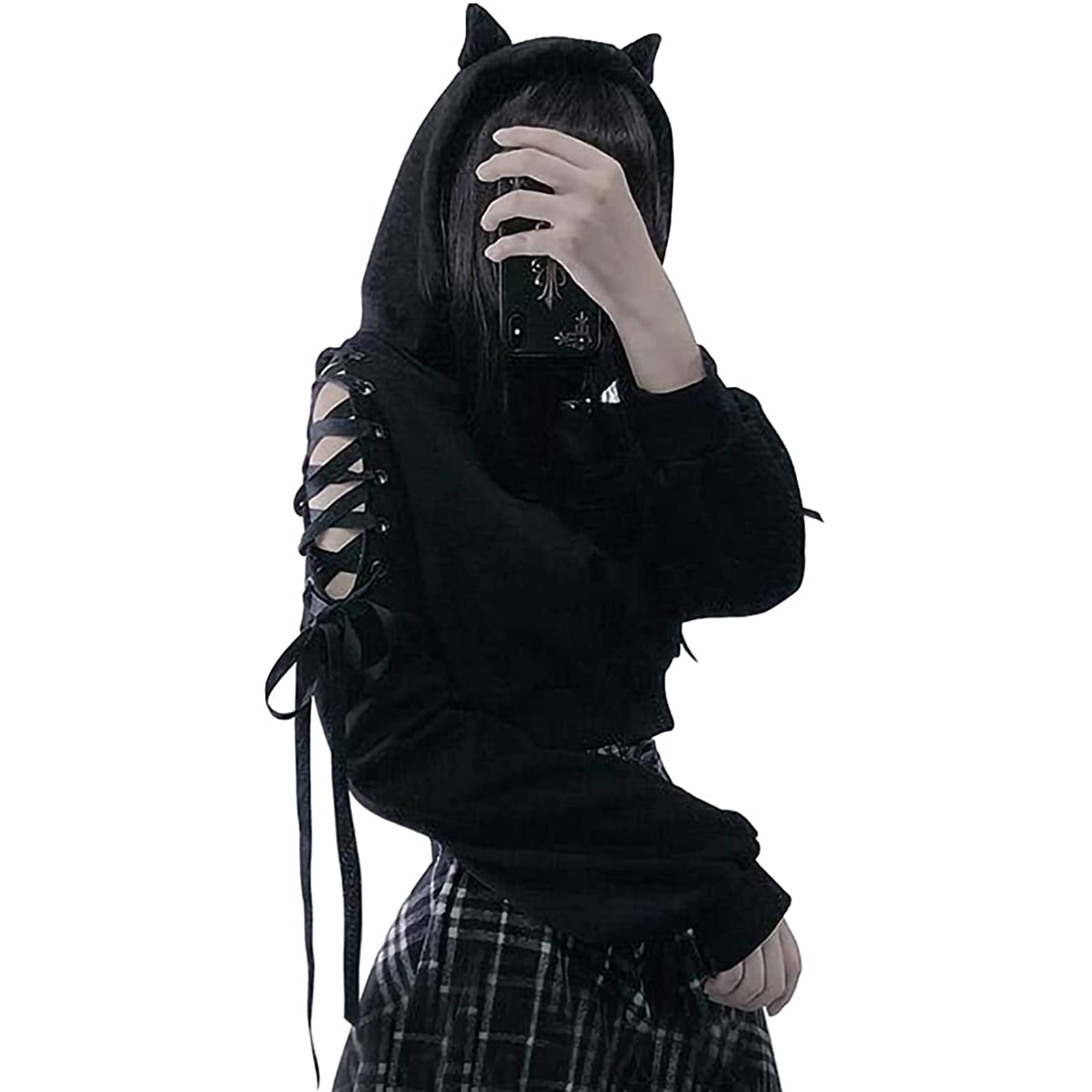 Women Teen Girls Crop Hoodie Long Sleeve Cold Shoulder Cute Cat Ear Pullovers Hooded Sweatshirt Top Y2K E-Girls (A2-Cat Ears, M)