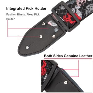 Skull Guitar Strap, Jacquard Weave Embroidered Guitar Straps, Includes Strap Button & 2 Unique Picks & 2 Strap Locks. For Bass, Electric & Acoustic Guitars. Best Gift for Men & Women Guitarists