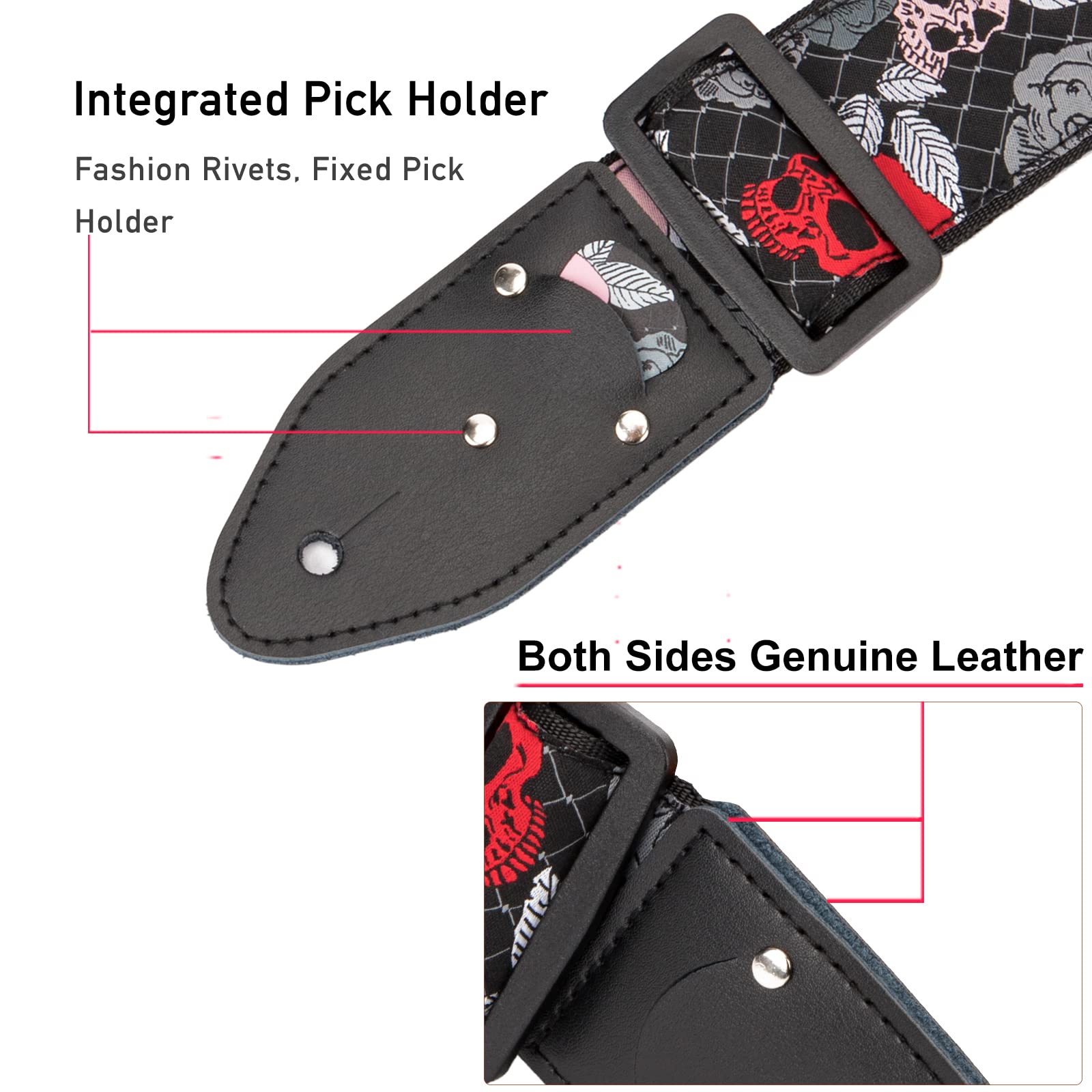 Skull Guitar Strap, Jacquard Weave Embroidered Guitar Straps, Includes Strap Button & 2 Unique Picks & 2 Strap Locks. For Bass, Electric & Acoustic Guitars. Best Gift for Men & Women Guitarists